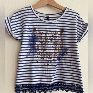 Catimini White Blue Striped Tee with Leopard Graphic Size 5 /110 France Design